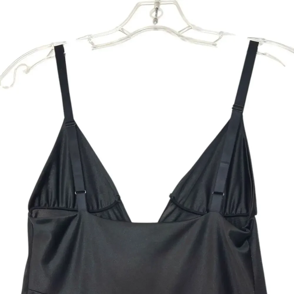 Vintage Black Nylon Midi Slip Dress 32 Deep V Slit USA Hollywood Babydoll